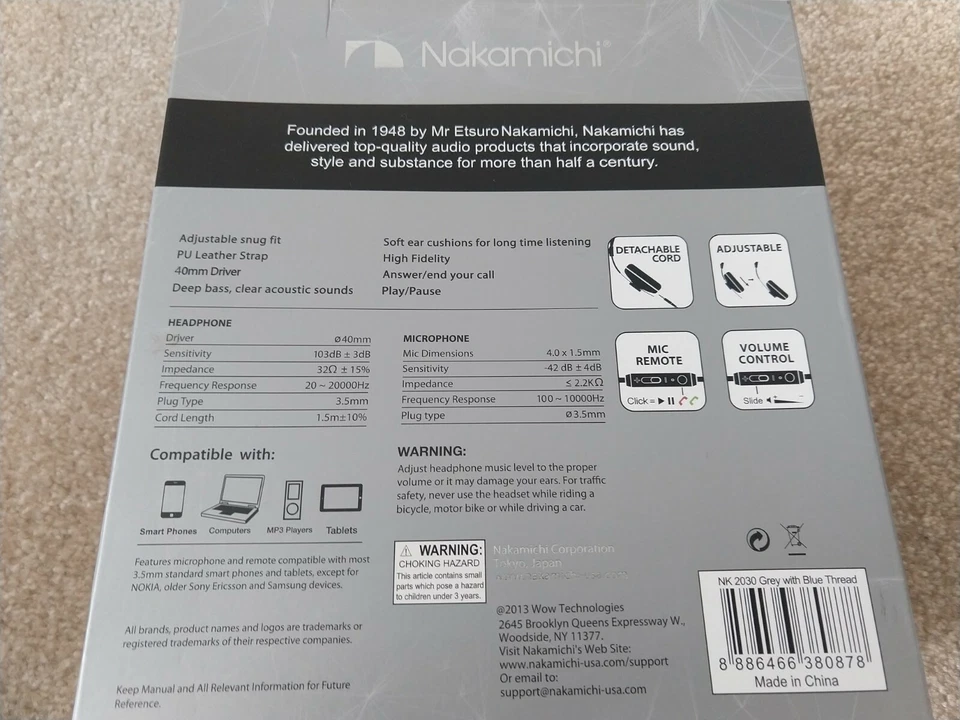 Nakamichi Headphones Model NK2030, NIB, Grey With Blue Thread - Image 3 of 3
