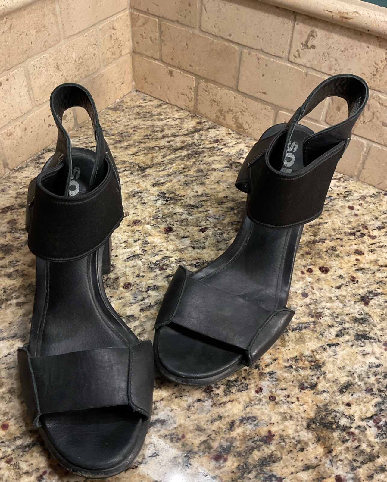 SOREL Womens Nadia Black Leather Wide Strap Heeled Sandals Size 9 NL3237