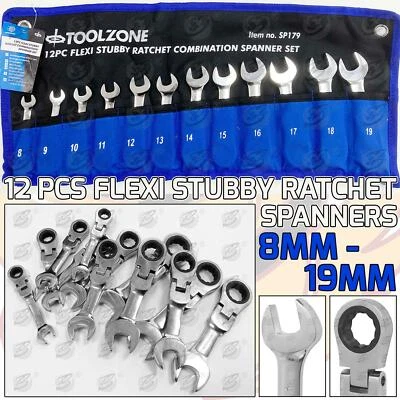 TOOLZONE Flexi Head Stubby Ratchet Spanner Set 8-19mm Flexible Ratchet Combination Wrench