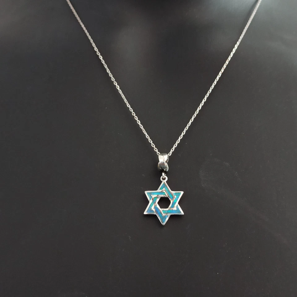 Collar Estrella de David de Plata Para Hombre Azul Ópalo Audaz Mujer Judaica Israel Regalo Foto 2 de 4