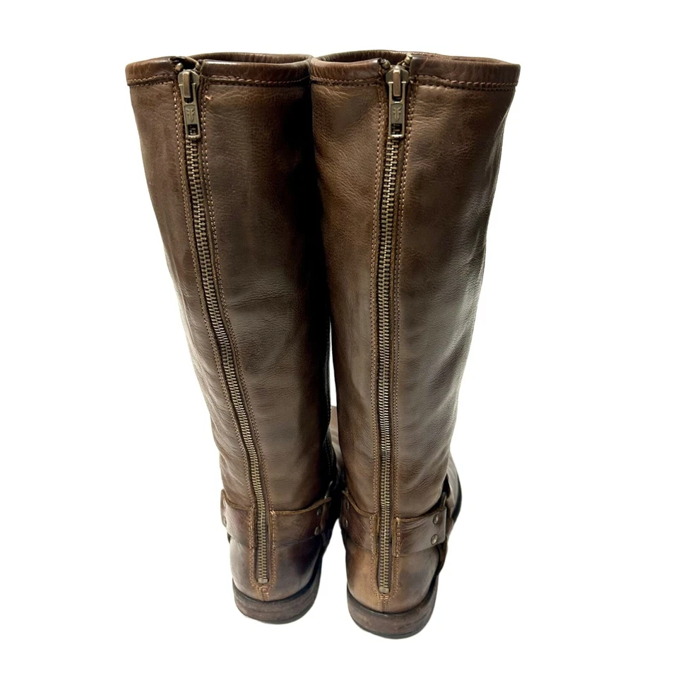Frye Cuero Marrón ALTO Vaquero Western Cremallera Completa ALTO Motociclista ARNÉS MONTAR Botas Foto 3 de 4