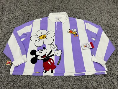 NEW Disney Shirt Womens 1X XL White Purple Mickey & Co Flower Bumblebee Striped