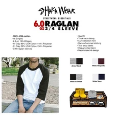 Shaka Wear 3/4 Raglan Sleeve Plain BaseBall T-Shirt