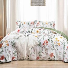 King Size Comforter Set, White Yellow Floral, Green Leaf Pattern Print Revers...