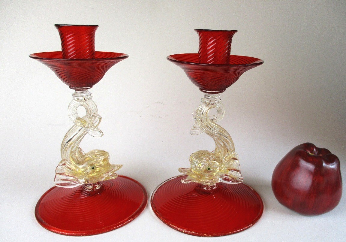 アクセサリーその他 Esoteric Murano Murano Glass Candle Murano art glass candle holders ruby red swirl gold fleck