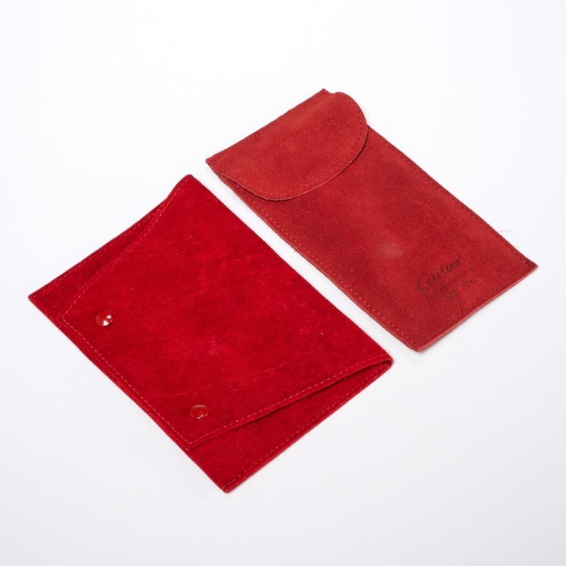 Cartier Red Velvet Jewelry Travel Pouch W/ Snap Closure Suede Service Pouch 2pc