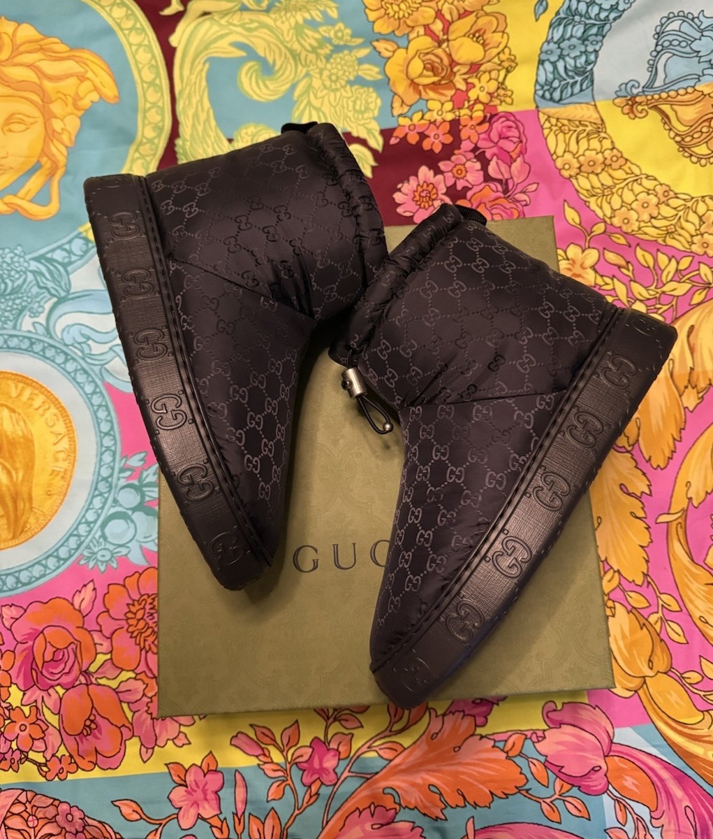 New Auth Gucci Black Nylon Jacquard GG Logo Ankle Boots 762078 Sz