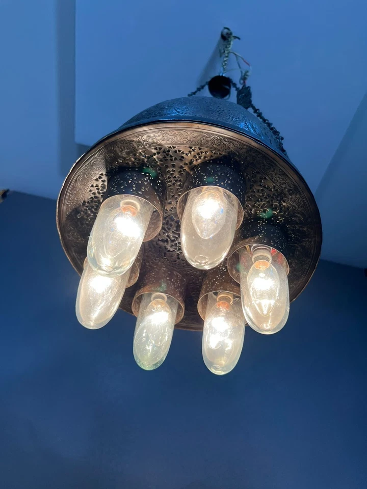 Museum Mamluk Islamic Pierced Brass Helmet Mosque Hanging Lantern Pendant Lamp - Image 3 of 4