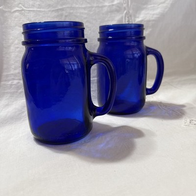 2 Vtg Cobalt Blue Mason Jar Mugs Handled Drinking Glasses 16-Oz Pint Size 5.25''H