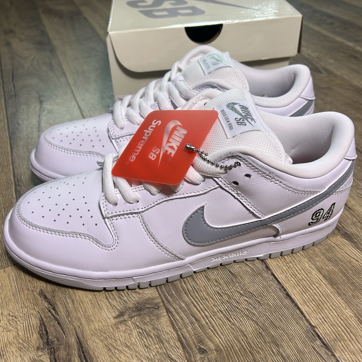 Size 8 - Nike SB Dunk Low Supreme 94 White Metallic Silver - NEW