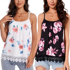 US Built-In Bra Women Lace Flowy Loose Camisole Cami Vest Tank Top Casual Blouse