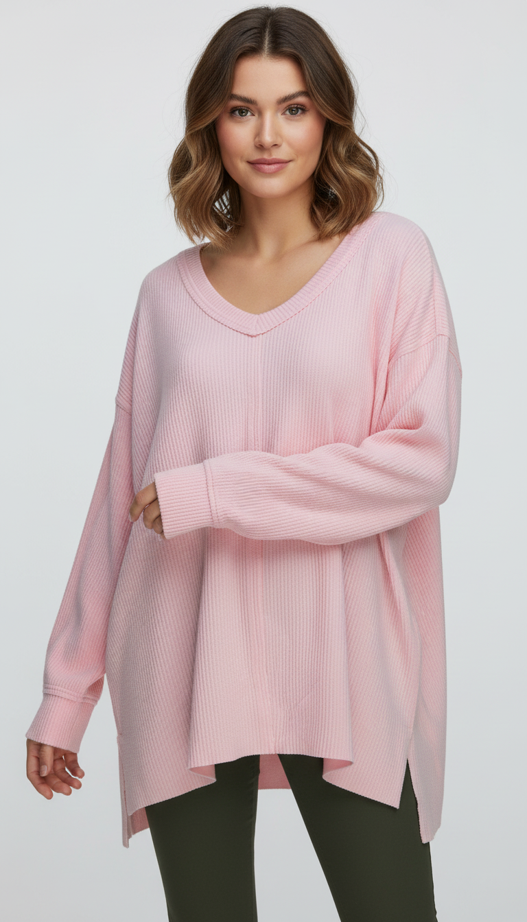Lincoln Outfitters Pink Ribbed Knit Oversized Tunic Sweater Long Sleeve Size XL
