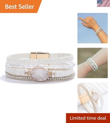 Chic Boho Leather Wrap Bracelet with Crystals - Perfect for Summer Outfits