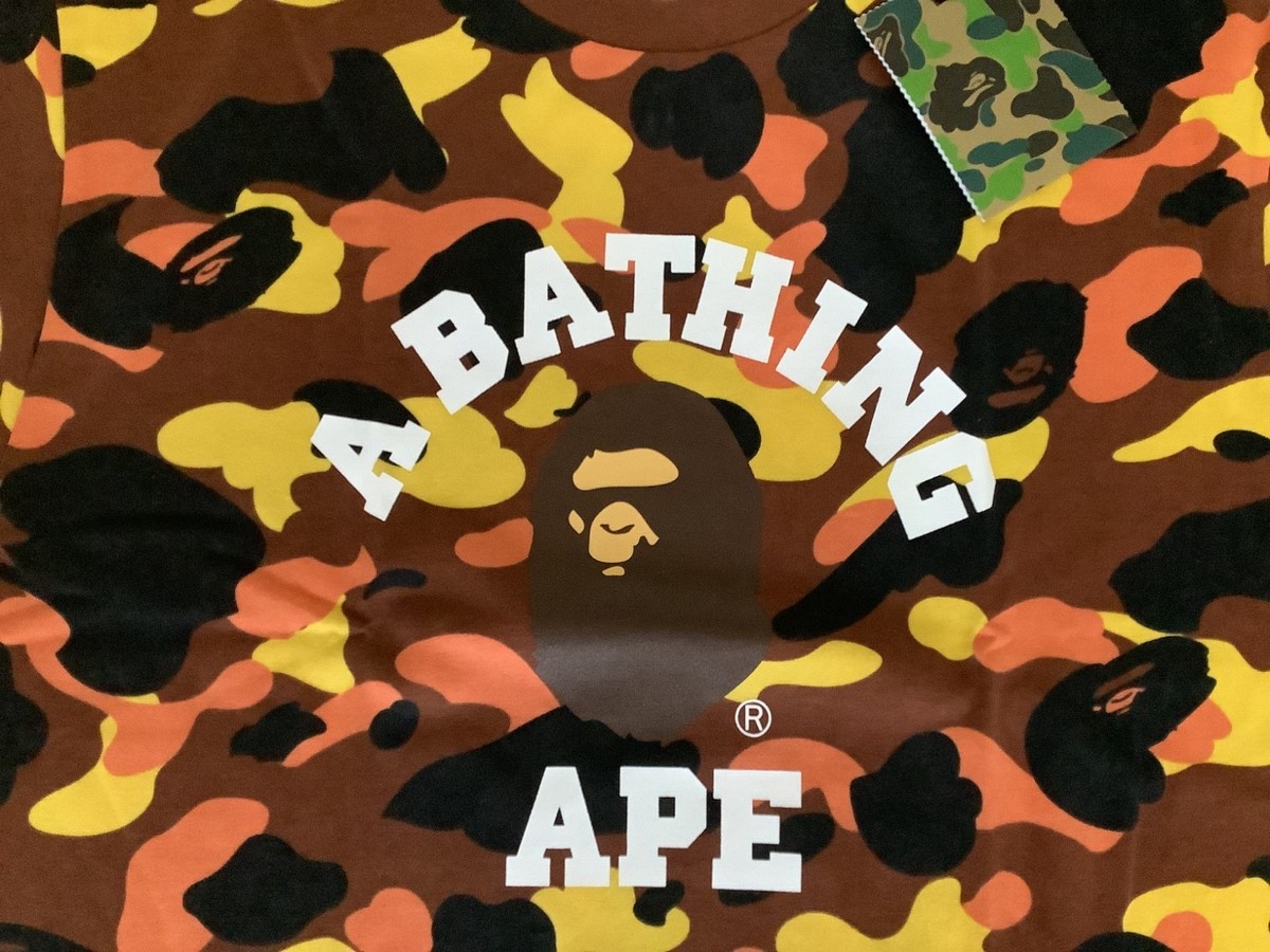 Authentic a bathing ape bape 1st camo college tee t shirt orange