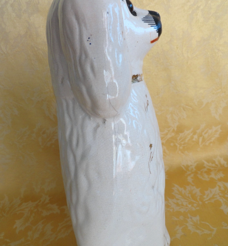 Antique Staffordshire White Spaniel Mantel Dog With Gold Accents 10" H - Picture 8 of 10