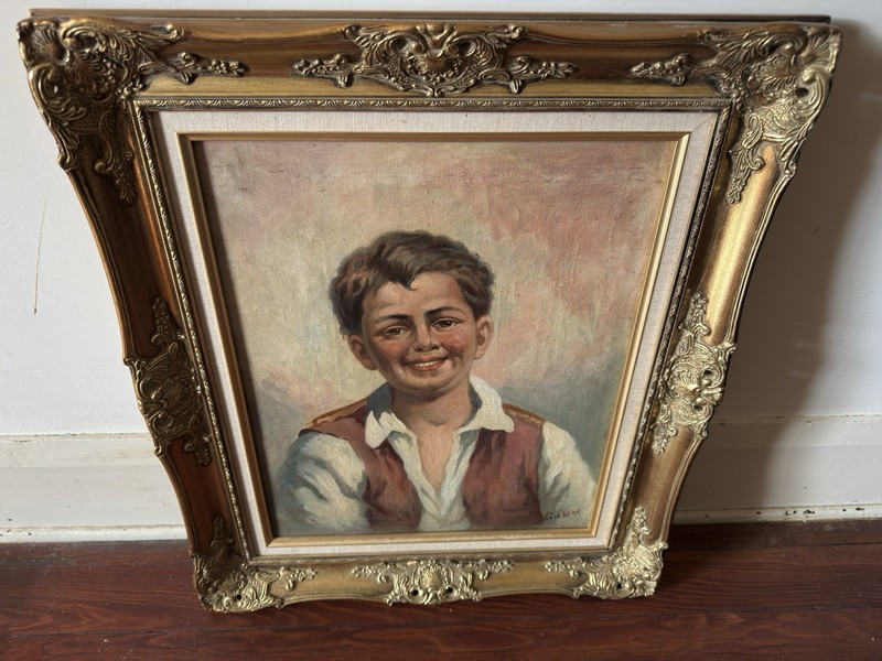 Original Antonio Vallone Oil Painting On Canvas - Vintage Italian Smiling Boy