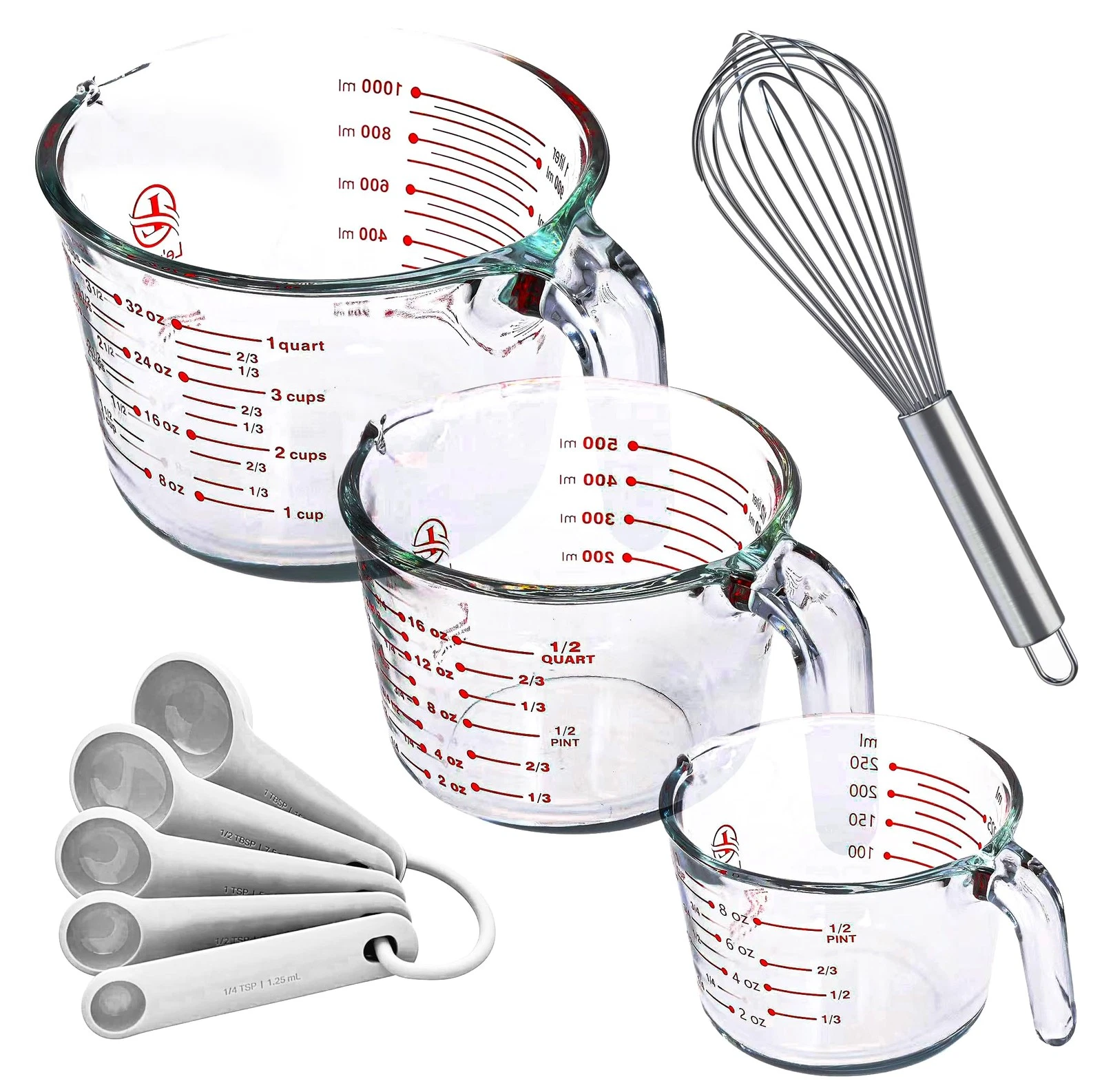Set of 3 Glass Measuring Cups with Measuring Spoons & Whisk - Kitchen Mixing ...