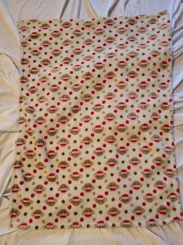 BABY STARTERS Sock Monkey Blanket 30x40 Face Dots Soft Fleece White Brown Red - Picture 2 of 3
