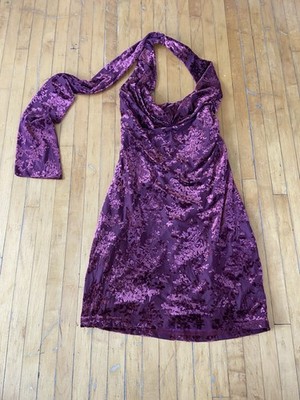 Princess Polly Floral Burgundy Velvet Halter Women s Mini Dress Size 8
