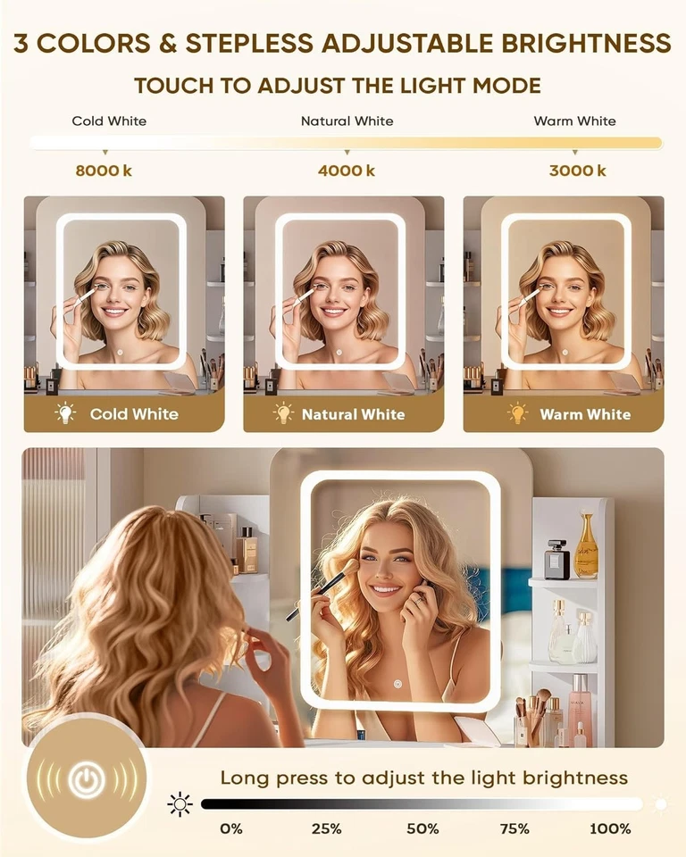 Espejo LED inteligente para tocador de maquillaje pequeño, estante para secador de pelo, toma de corriente Foto 4 de 4