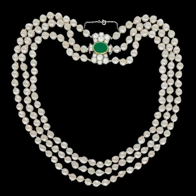 Art Deco Triple Strand Pearl Necklace Jadeite Clasp Certificated 9ct Gold 1920s - Image 1 of 4