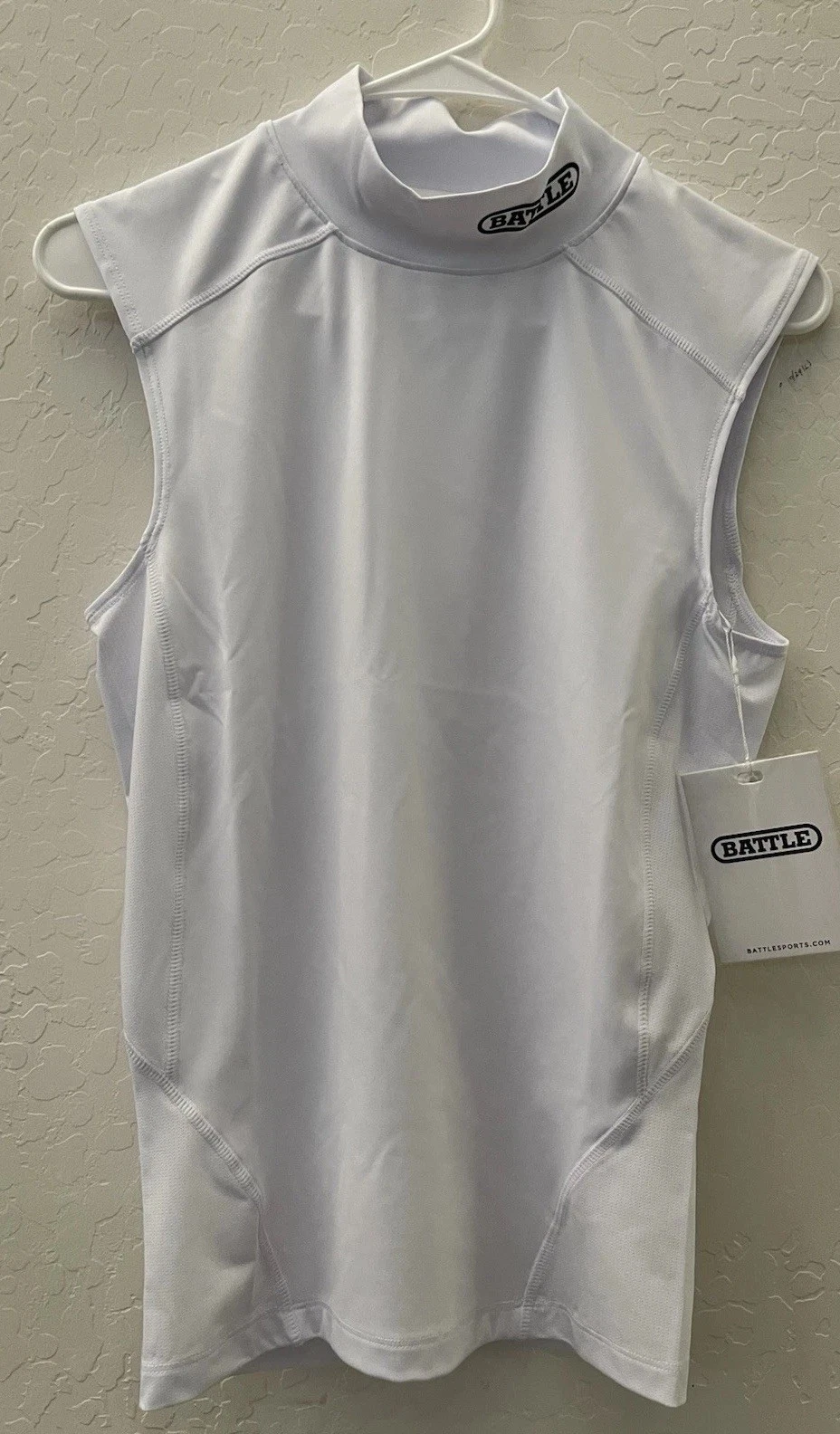 Battle Mens Sports Pro Compression Sleeveless Mock Neck White-Small