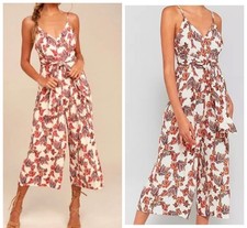 Free People hot tropics jumpsuit sleeveless V neck wide leg belt palms 8 medium