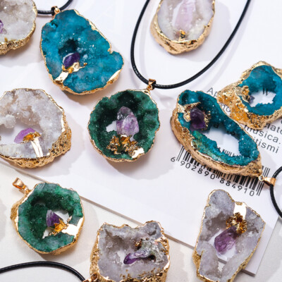 Agate Slice Amethyst Geode Stone Crystal Healing Pendant Quartz Druzy Necklace