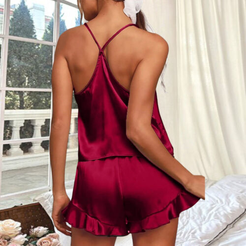 Sexy Ladies ❤️ 2PCS Women Satin Silk Sleepwear Lingerie Pajamas Cami Tops Shorts - Picture 18 of 32