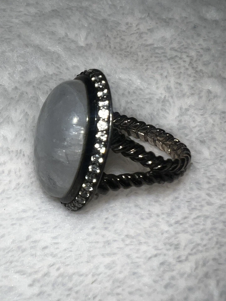 HSN Large Rainbow Moonstone White Zircon Sterling Silver Ring Sz 5 - Image 4 of 4