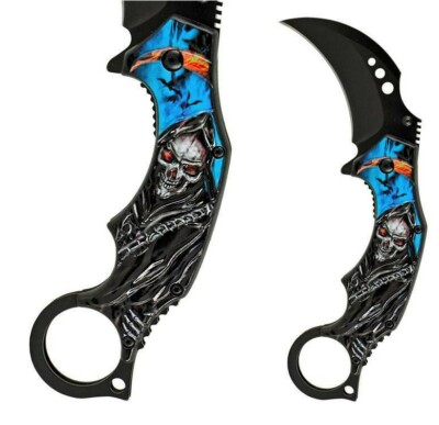 7 ¼” Demon Of Death Grim Reaper Karambit Pocket Knife Flaming