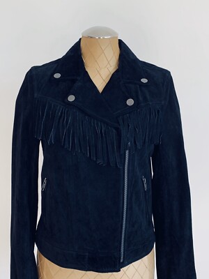 SANCTUATY DYLAN FRINGED SUEDE MOTO JACKET SUEDE BLACK ZIP CLISURE Size S Women