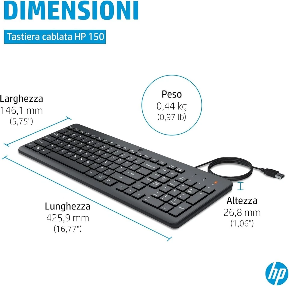 HP 150 Tastiera Cablata USB, 12 Tasti Programmabili, Layout Italiano - Immagine 3 di 4