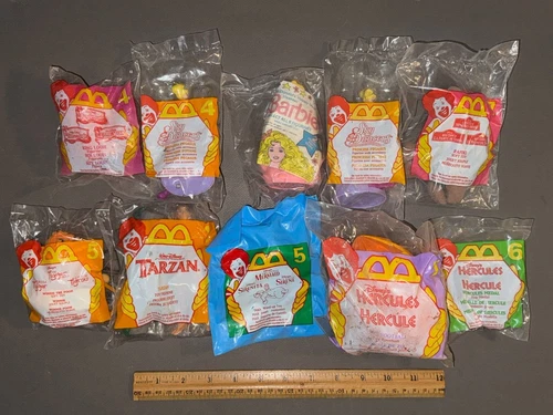 LOT OF 10 VARIOUS MCDONALDS HAPPY MEAL TOYS DISNEY, BARBIE, SKY DANCERS VTG NOS