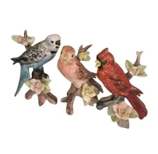 3 Schwabe Bird Figurines Carved Handpainted Cardinal Wren Parakeet Signed