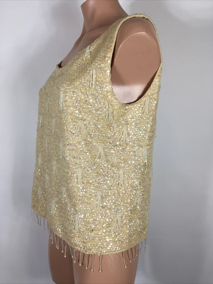 Blusa corta de noche vintage de los años 40 con flecos de lentejuelas con cuentas marfil iridiscente M/L Foto 3 de 4