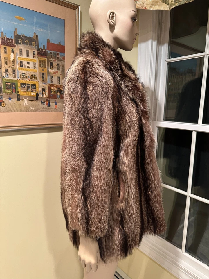 Chaqueta Abrigo 29" Largo Cadera Real Plateado Marrón Piel Mapache Talla 6/8 Pequeña EE. UU. Foto 4 de 4