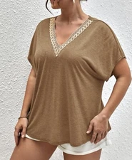 Shein Frenchie Plus Contrast Shirt Lace Batwing Sleeve Tee Brown Size 1XL