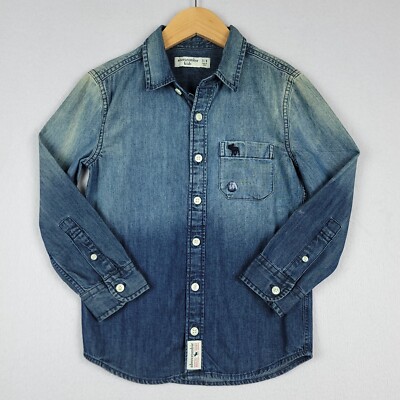 Abercrombie Kids Denim Shirt Boys 5/6 Blue 100% Cotton Button Up Distressed NEW