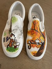 Nuevo Calvin and Hobbes Vans pintado a mano lona sin cordones blanco W9 M7.5