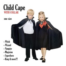 Child Black Cape with Collar, Halloween, Vampire, Magician Costume O/S