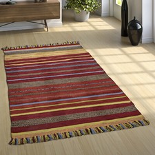 Designer Teppich Webteppich Kelim Handgewebt 100% Baumwolle Modern Gestreift Bun