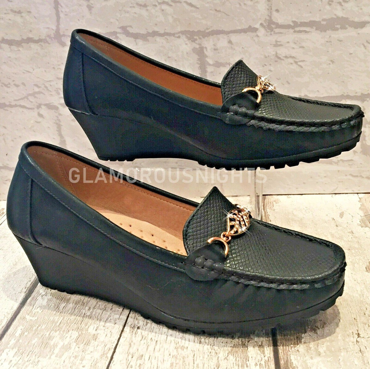 LADIES BLACK MEDIUM LOW WEDGE HEEL COURT SHOE COMFY LOAFER OFFICE