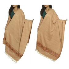 Sanskriti Vintage Long Cream Pure Woolen Shawl Woven Scarf Throw Soft Stole