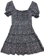 Womens Ruffle Smocked Mini Dress Puff Sleeve Sz M Blue Multi Ditsy Floral