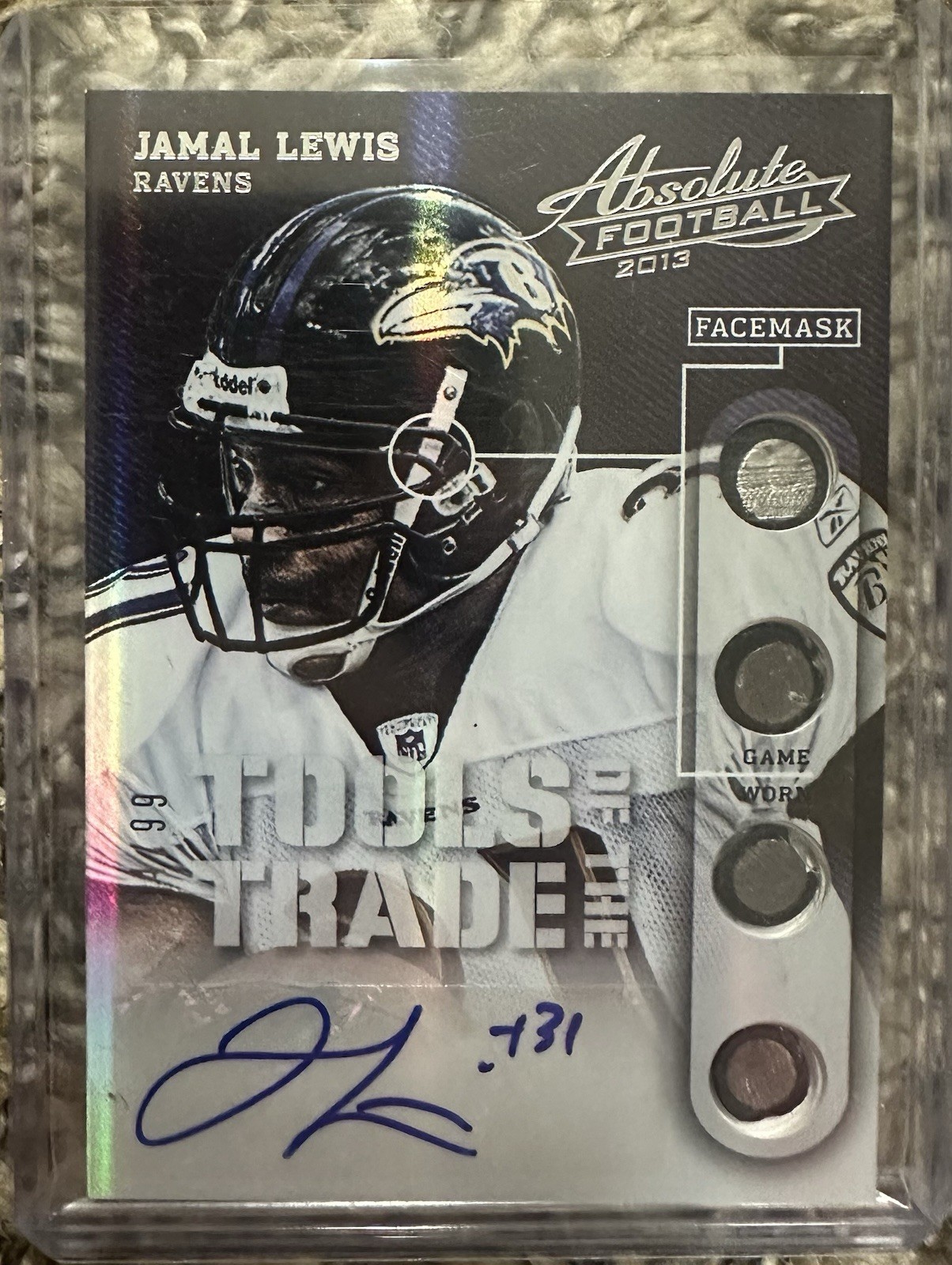 2013 Absolute Football Jamal Lewis Game Used Facemask Relic Auto #54/99 Ravens