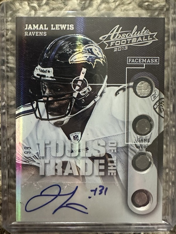 2013 Absolute Football Jamal Lewis Game Used Facemask Relic Auto #54/99 Ravens