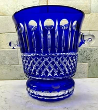 Cobalt Blue Cut To Clear Crystal Bohemian Czech Champagne Ice Bucket Urn 10"