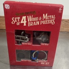 Games Hub BRAIN BUSTERS Set Of 4 Wood Metal Brain Puzzles, Beginner To Challenge