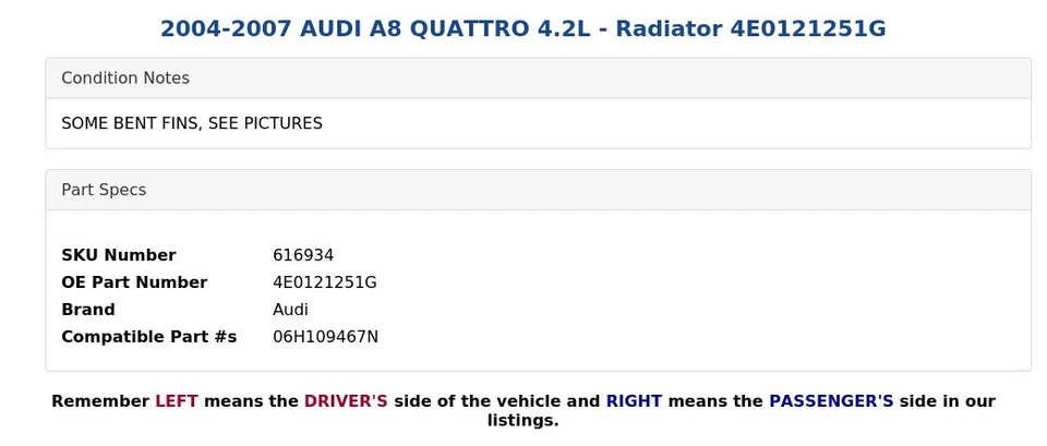 AUDI A8 QUATTRO 2004-2007 4,2 L - Radiador 4E0121251G Foto 3 de 4